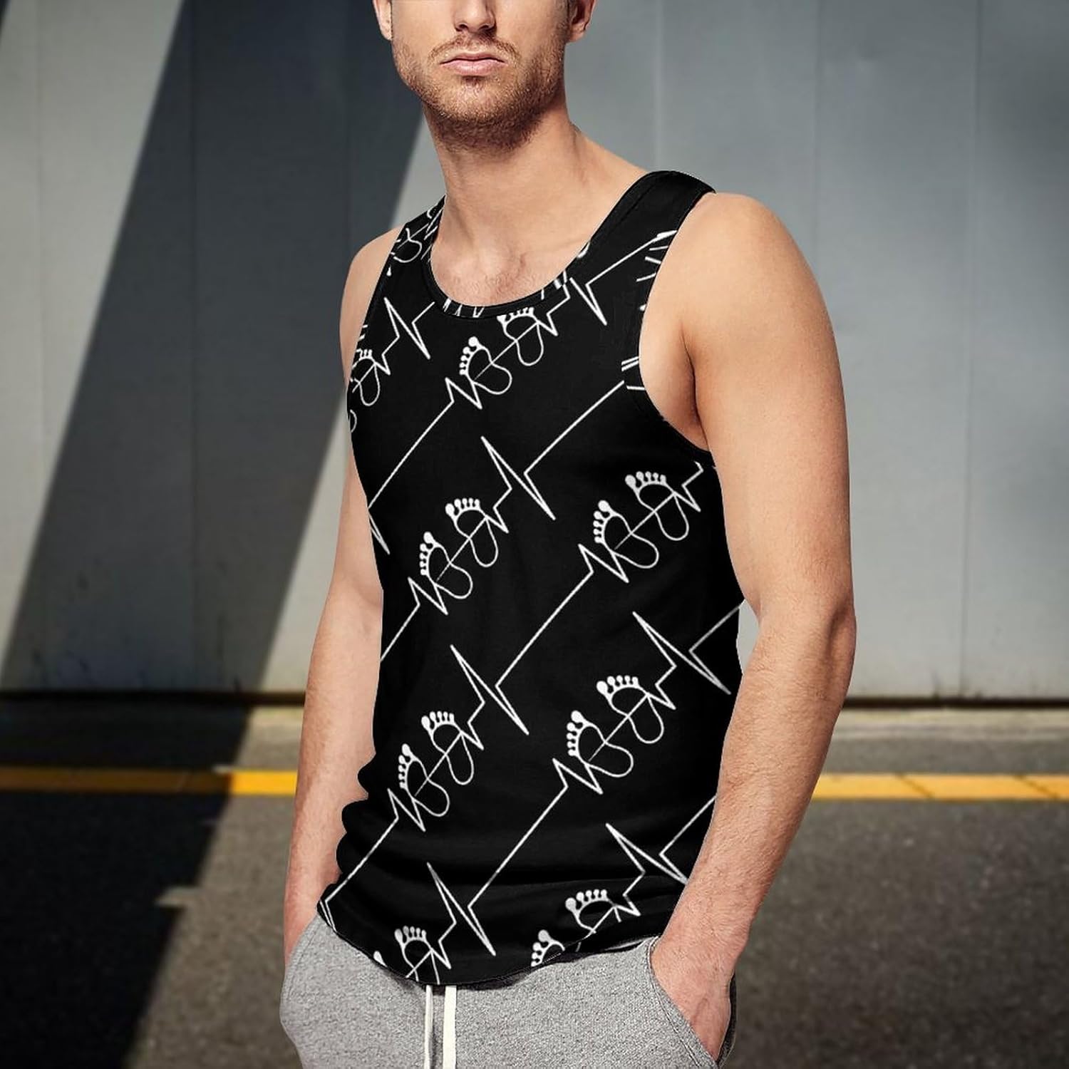 Footprint Heartbeat Men's Tank Top Sleeveless Muscle Shirts Vest Beach T Shirts for Workout Gym