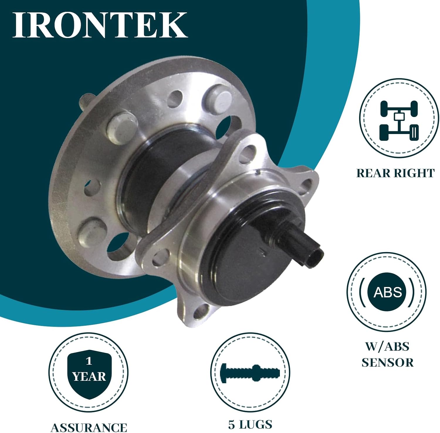 IRONTEK 42450-33030 Rear Right Wheel Bearing and Hub Assembly Compatible for Toyota 2013-2018 Avalon/ 2012-2017 Camry 5 Lugs w/ABS