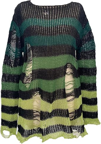 CORIRESHA Womens Oversized Goth Punk Ripped Rainbow Striped Sweater Long Sleeve Knit Pullover