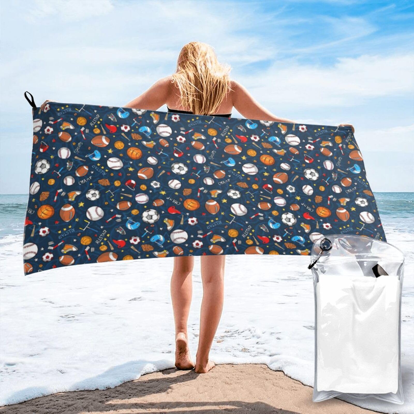 SDEGTHO Baseball Basketball Football Hockey Print Beach Towel Quick Dry Portable For Swimming Yoga Adults Fitness