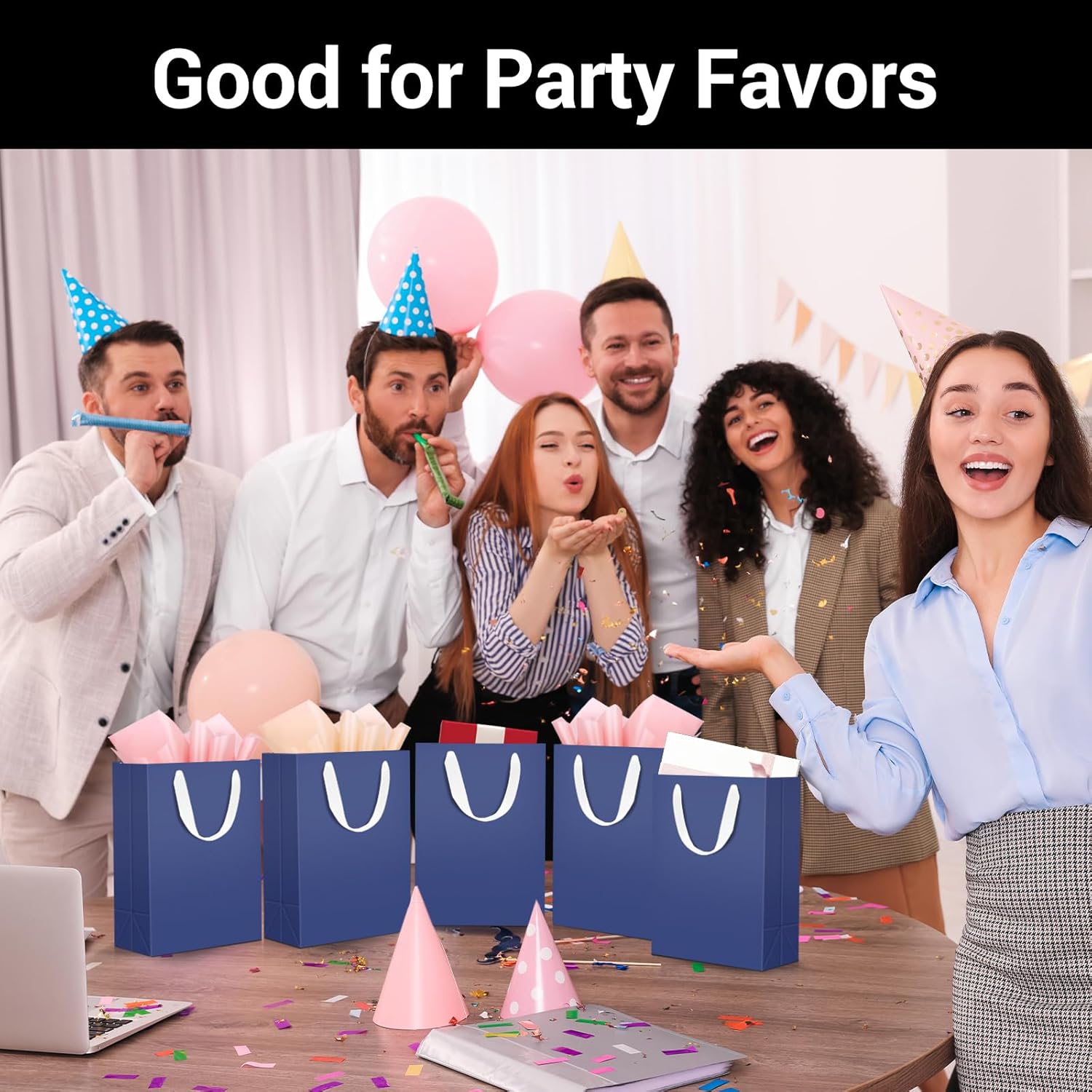 EUSOAR Gift Bags Medium Size, 20pcs 7.8"x3.9"x11" Navy Blue Retail Shopping Paper Bags Bulk, Merchandise Grocery Retail Wrap Craft Kraft Paper Bags with Handles Sacks Wedding Birthday Party Favors - Image 5