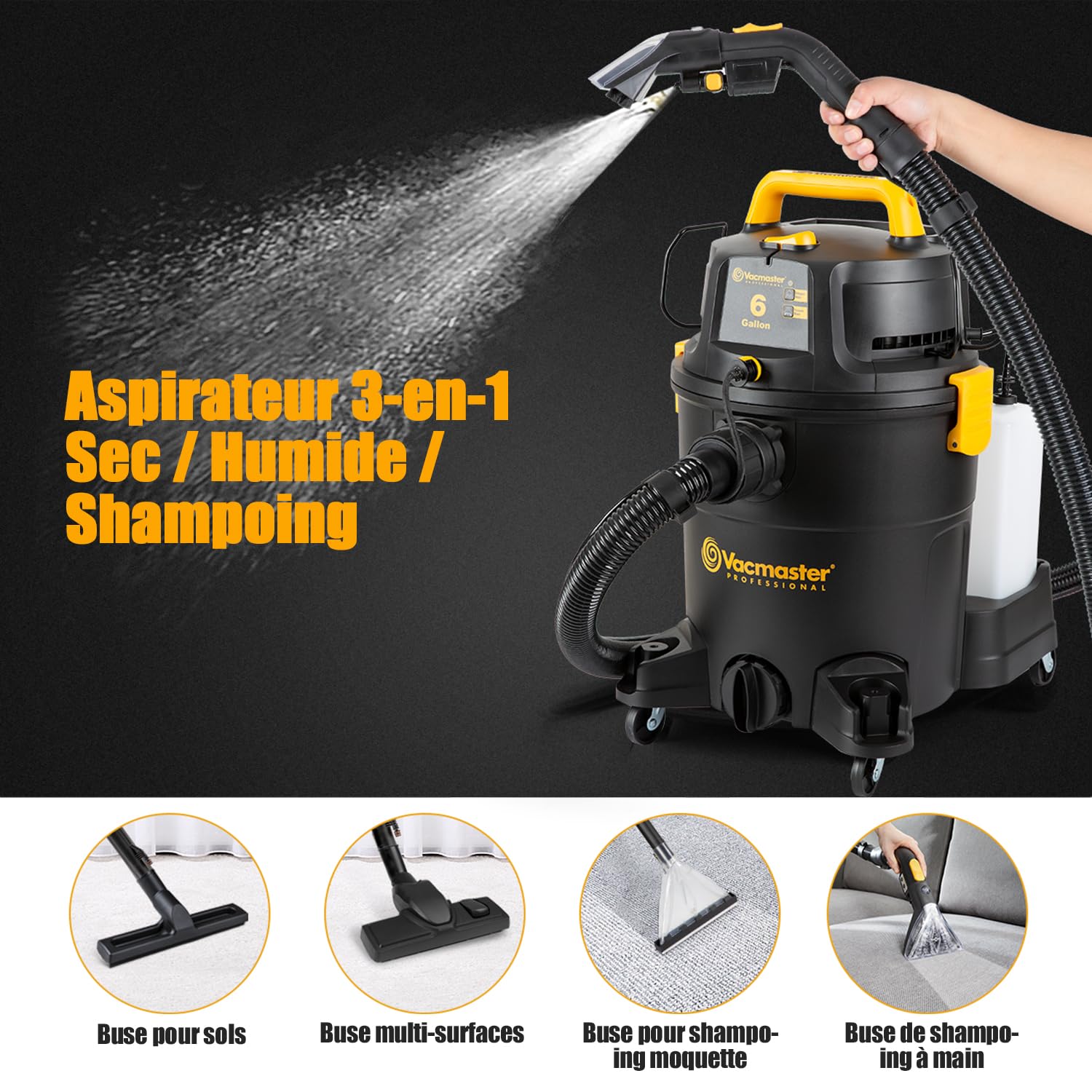 Vacmaster Aspirateur Eau et Poussière 3-en-1 1300W 23L moquettes | Nettoyeur Multi-Surfaces pour Moquettes Tissus d'ameublement Escaliers et Voiture Nettoyeurs Tapis et moquettes VK1323PFR