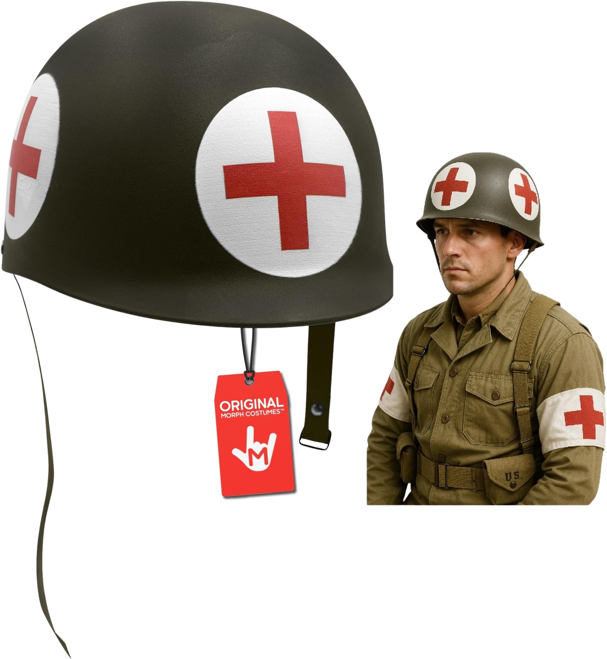 Morph Army Medic Helmet Adult Dark Green Plastic Replica Costume Accessory with Red Cross Cosplay Theater Prop