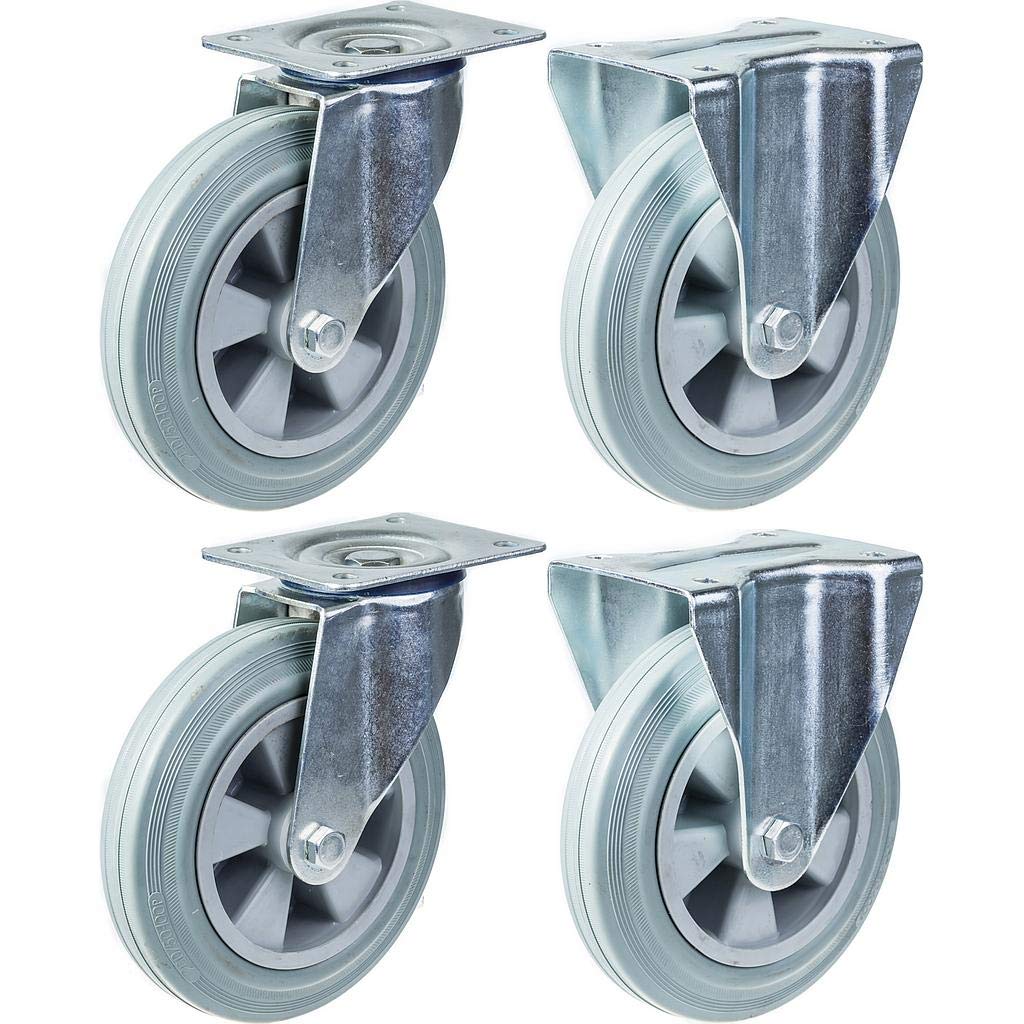 Roulettes pivotantes et fixes de 200 mm (8") avec bandage en caoutchouc gris, très résistantes, capacité de charge de 820 kg, lot de 4