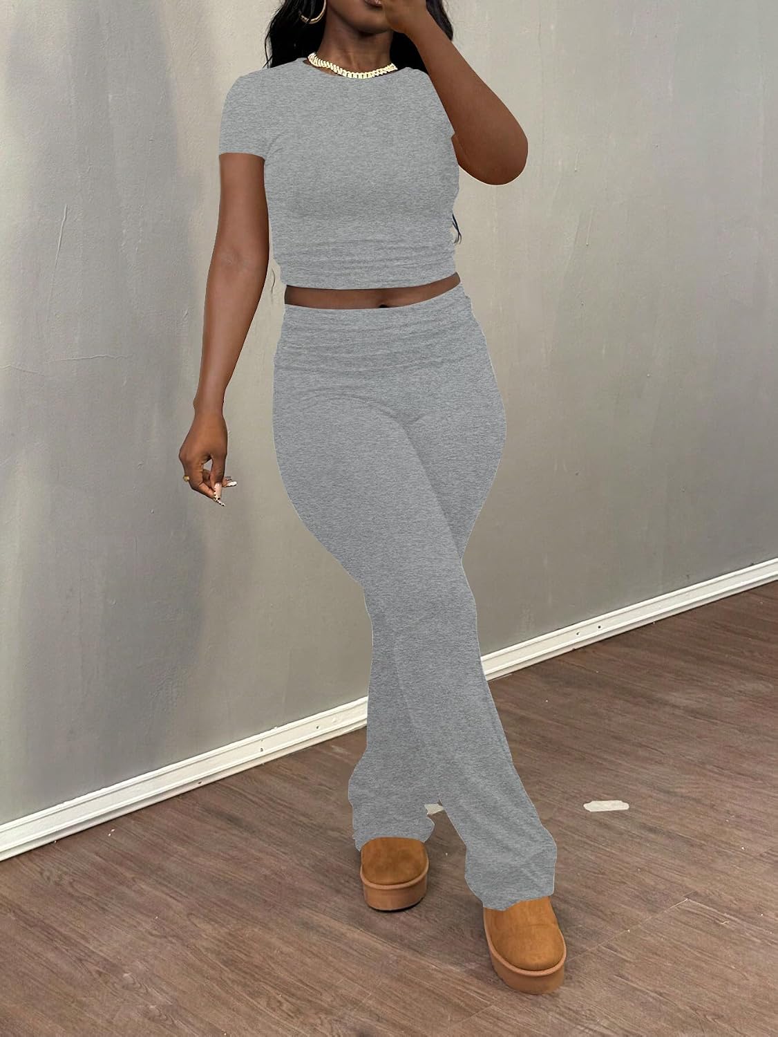 Women's 2 Piece Lounge Sets Crop High Wasit Foldover Flare Leggings Pants Casual Workout Outfits Tracksuit