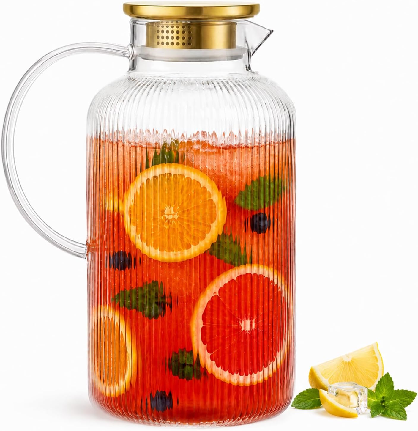 100oz / 3L Circular Glass Pitcher with Lid, Vertical Striped Circular Pitcher with Handle,Golden Teapot Lid, Extra Large Capacity, Heat Resistant Material, Ideal for Hot and Cold Beverages