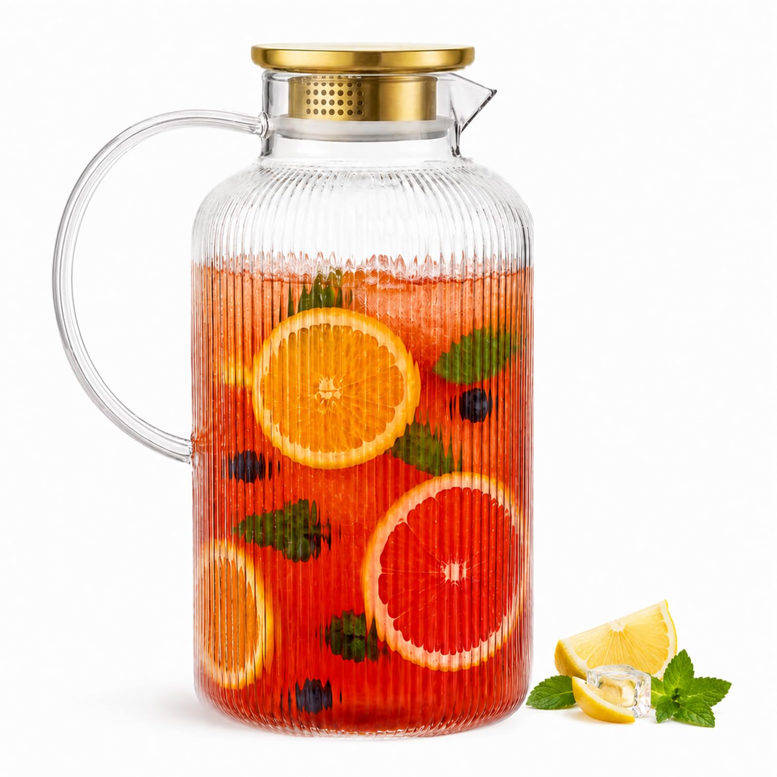 Photo 1 of 100oz / 3L Circular Glass Pitcher with Lid, Vertical Striped Circular Pitcher with Handle,Golden Teapot Lid, Extra Large Capacity, Heat Resistant Material, Ideal for Hot and Cold Beverages