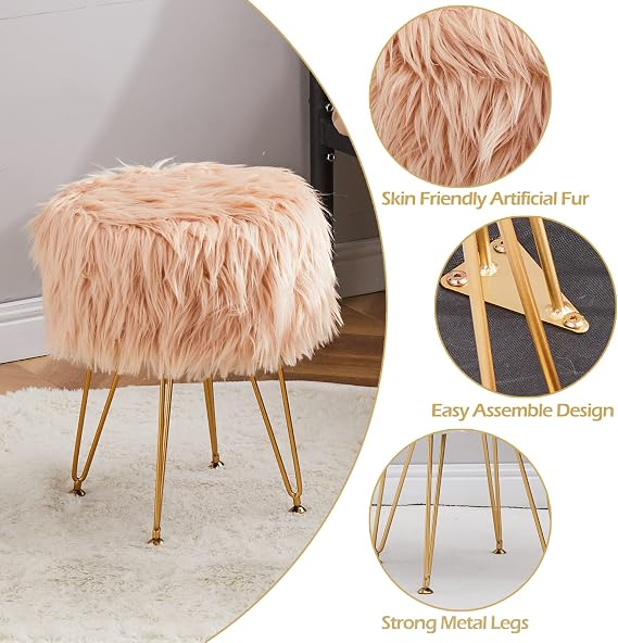 Faux Fur Storage Ottoman Round Furry Vanity Stool Marble Grain Tray Coffee Table Compact Footrest Stool with 4 Metal Legs Soft Makeup Seat Foot Stools Living Room Bedroom Entryway Champagne