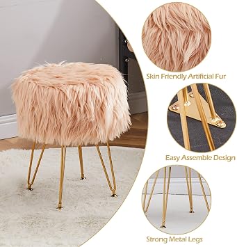 Faux Fur Storage Ottoman Round Furry Vanity Stool Marble Grain Tray Coffee Table Compact Footrest Stool with 4 Metal Legs Soft Makeup Seat Foot Stools Living Room Bedroom Entryway Champagne