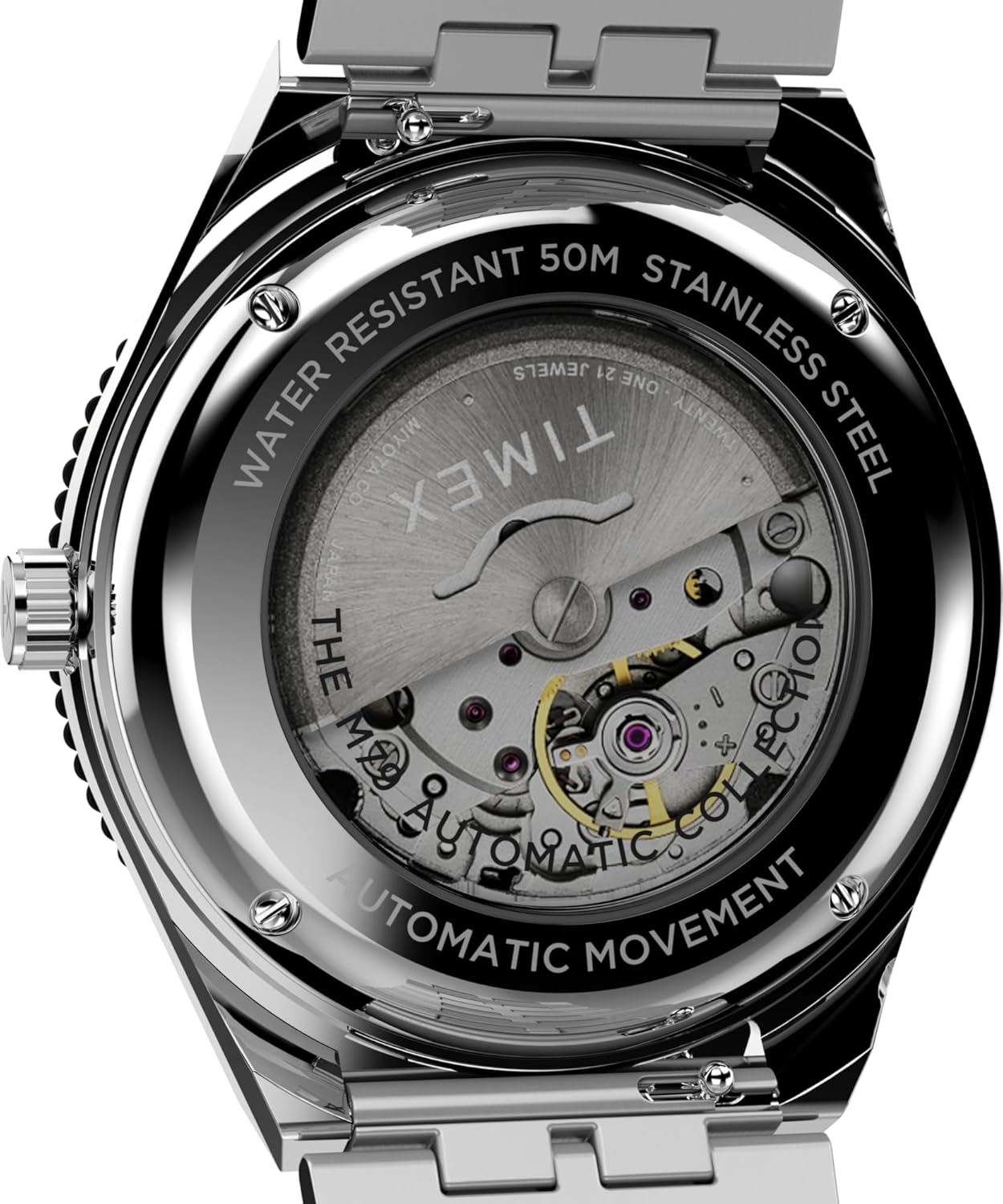 Nærbillede view of the exhibition case back of the Timex M79 watch, revealing the intricate automatic movement inside.