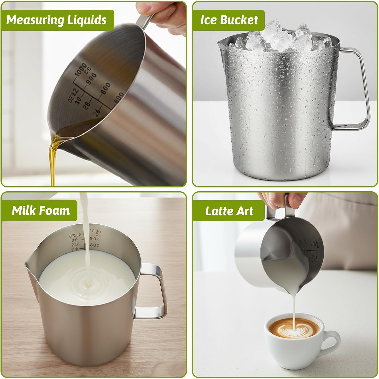 304 Stainless Steel Measuring Cup with Handle and Pour Lip, 32oz / 1000ml Metal Pitcher with Oz And ML Marking, 18/8 Stainless Steel Heavy-Duty Milk Frothing Jug for Latte Art Iced Tea Hot/Cold Water - Image 7