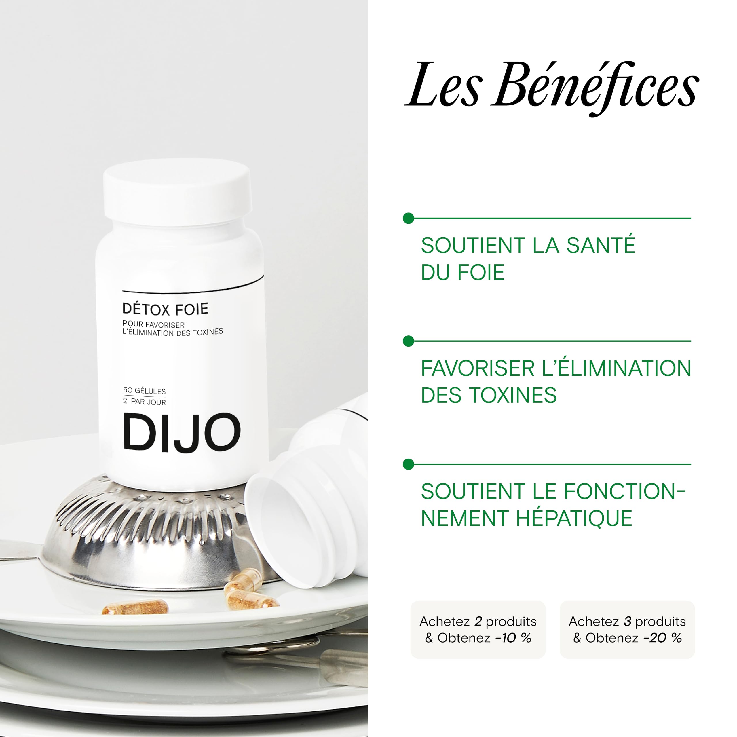 DIJO - Detox Foie - Draineur et Elimination de Toxines - Extrait de Chardon Marie, Romarin, Desmodium et Chrysantellum - 50 Gélules Gastro-Résistantes - Végan - Fabriqué en France