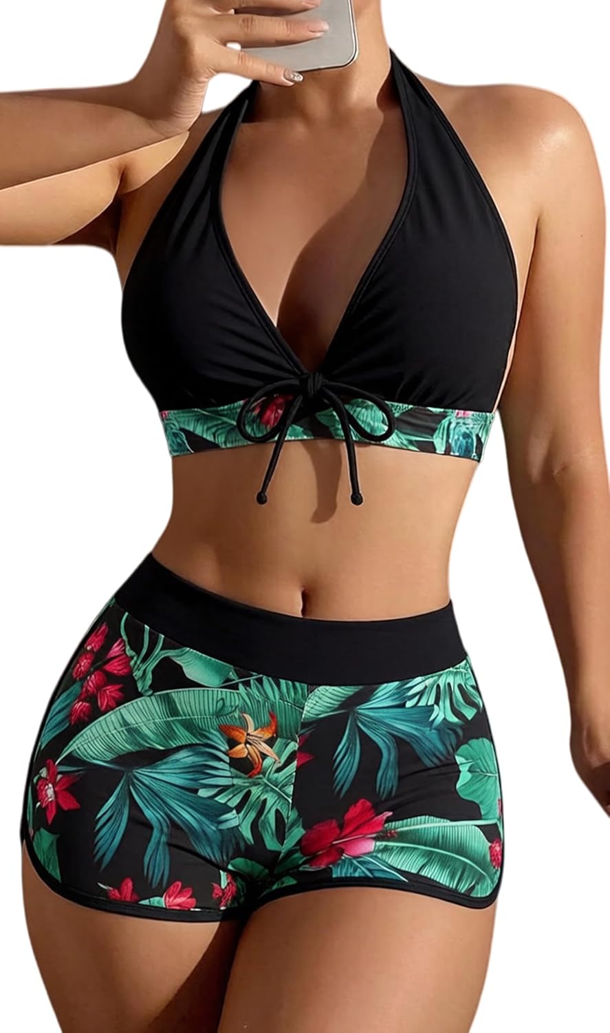 Women's Two Piece Halter Swimsuit V Neck Push Up Bikini Set Swimwear with Boyshorts Swimwear for Swimming Pool