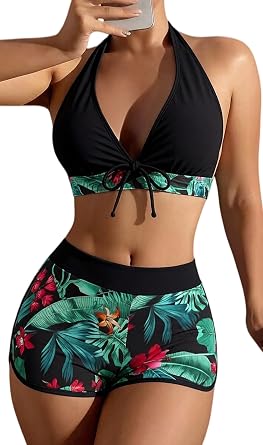 Womens Two Piece Halter Swimsuit V Neck Push Up Bikini Set Swimwear with Boyshorts Swimwear for Swimming Pool