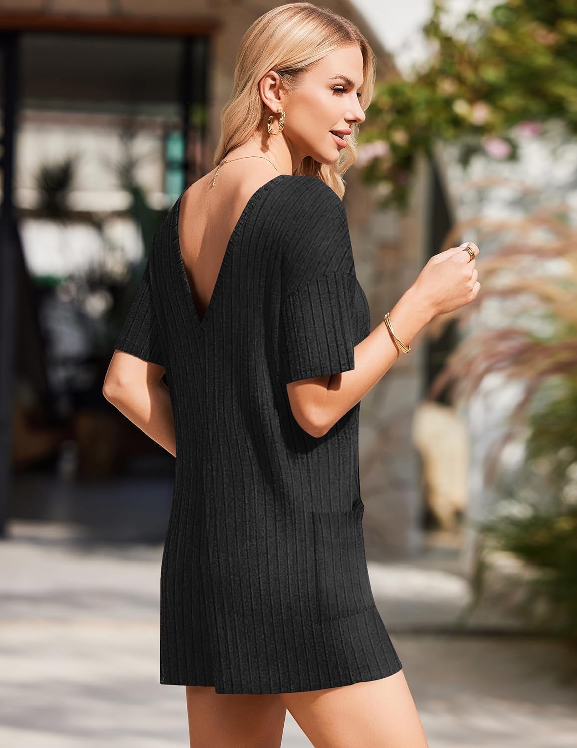 Ekouaer Rompers for Women Casual Ribbed Short Sleeve T-Shirt Tee Romper Summer Outfits with Pockets 2026 - Image 4