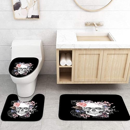 Miniatura 7 de Britimes Juego de cortinas de ducha de 4 piezas, calavera negra con alfombras antideslizantes, cubierta para tapa de inodoro y tapete de baño, juego