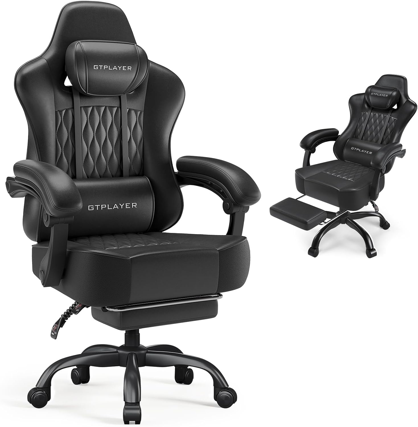 GTPLAYER Gaming Chair, Computer Office Chair with Pocket Spring Cushion, Linkage Armrests, Comfortable Leather Computer Chair, Black