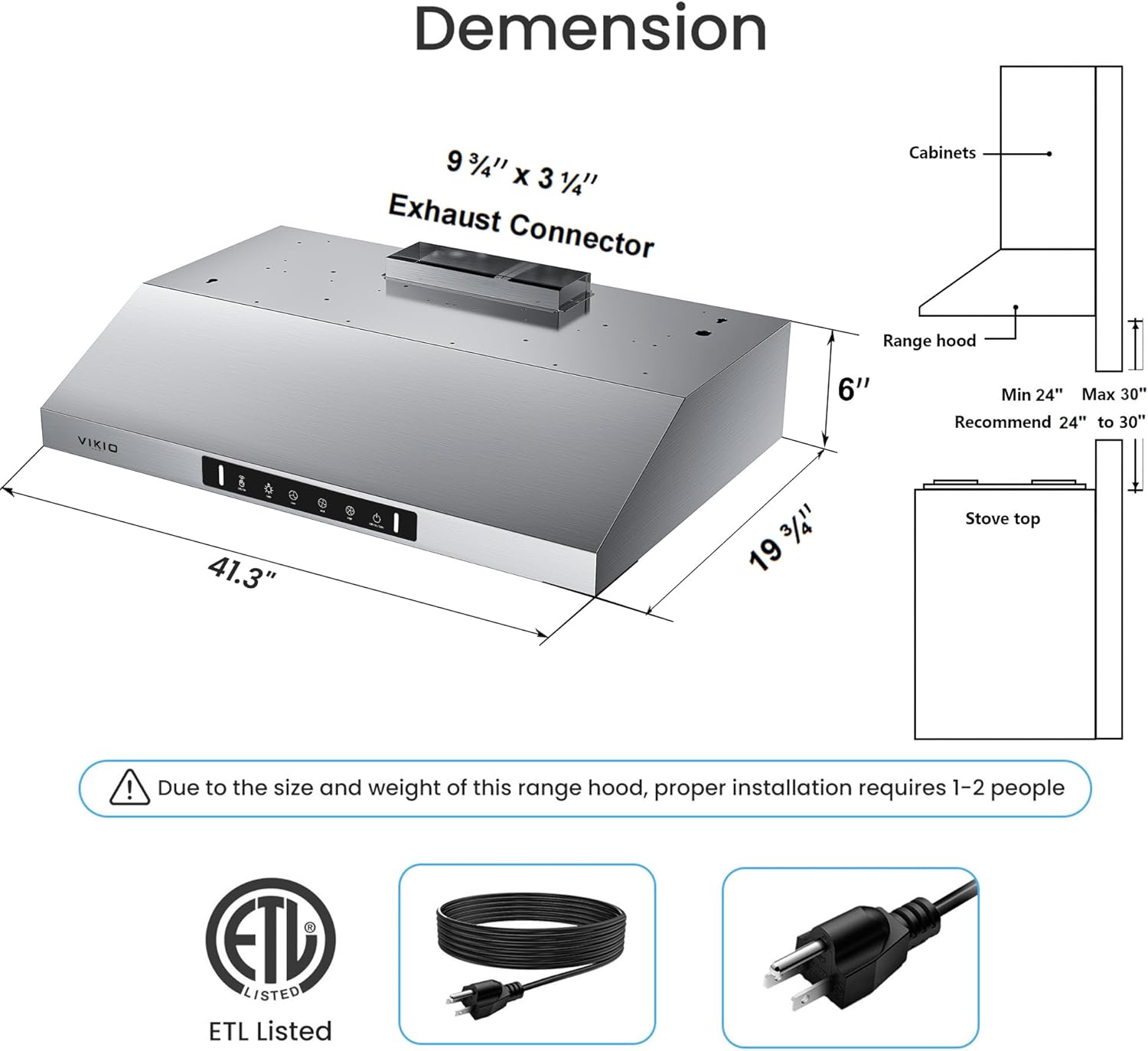 Range hood dimensions and installation diagram