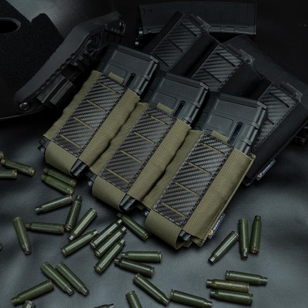 IDOGEAR Tactical Triple Mag Pouch 5.56MM MOLLE Magazine Pouch Rifle Magazine Carrier with Carbon Fiber Patterned PP Plate