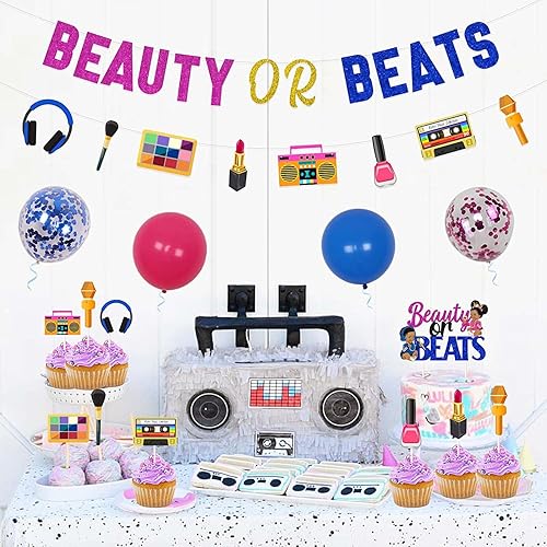 Miniatura 4 de Beauty or Beats - Kit de decoración divertida para revelación de género, pancarta de belleza o ritmos, guirnalda, decoración de pasteles y cupcakes