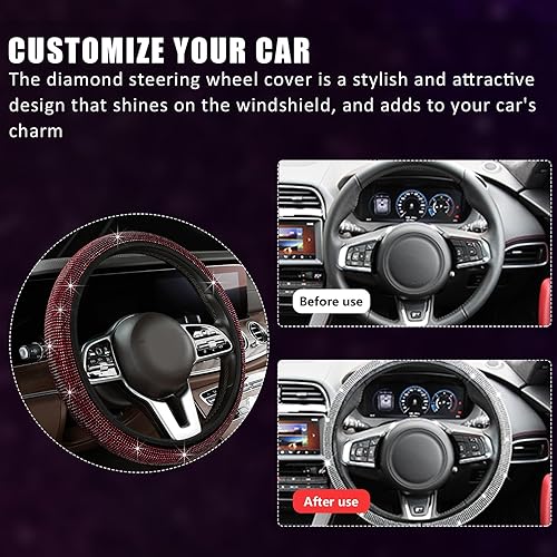 Vista 11 de Ziciner Funda brillante para volante de automóvil, protector de volante de diamantes de imitación con purpurina para vehículo, accesorios