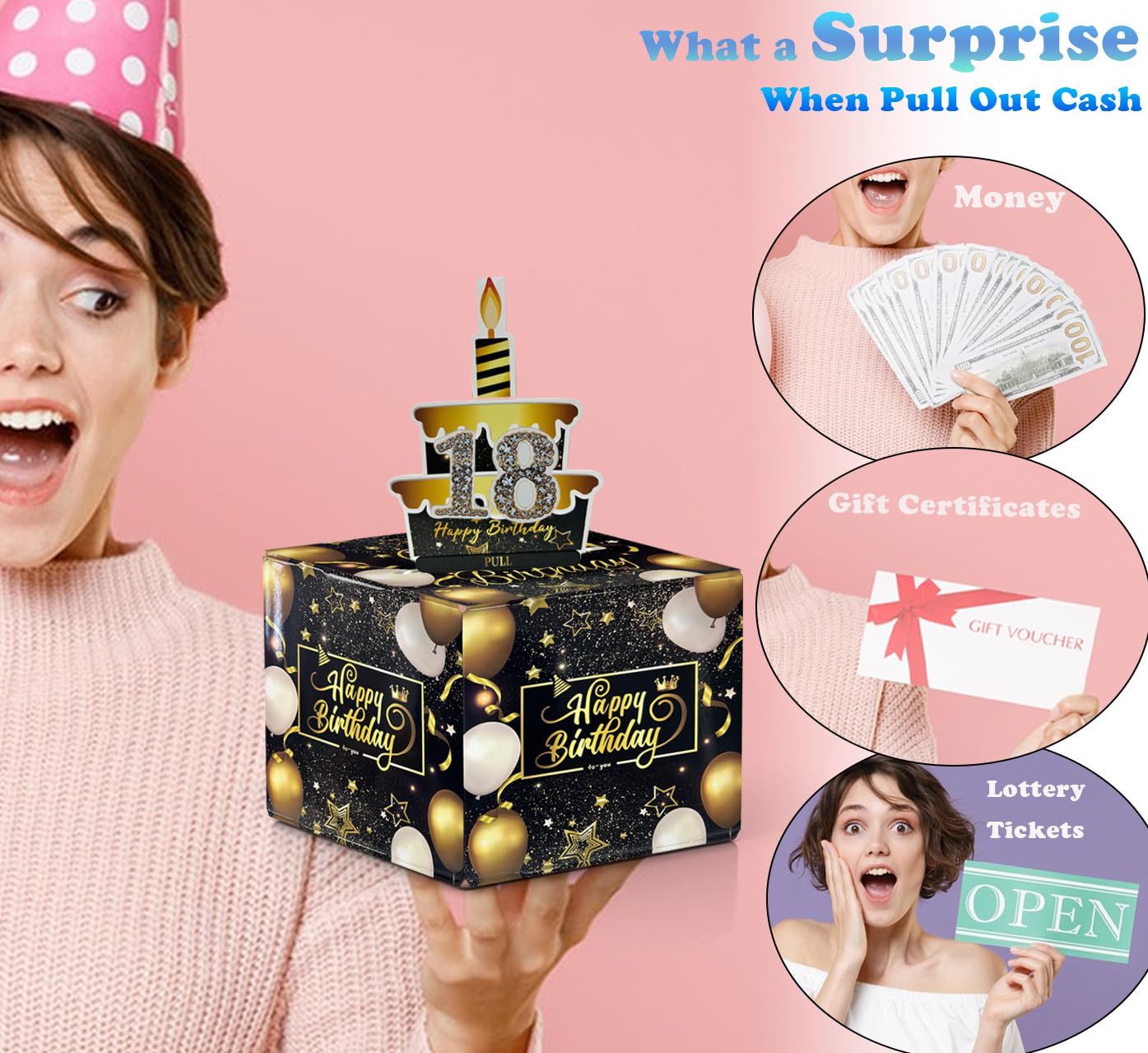 ZAOHUI Salvadanaio Sorpresa Happy Birthday Con Adesivi Fai Da Te – Regalo Originale Per Contanti – Include 50 Sacchetti Trasparenti Per Banconote