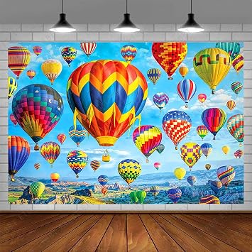 Hot Air Balloon Backdrop, Travel Party Photography Background, 7x5ft | Blue Sky White Clouds, Mountains Natural Landscape, Colorful Air Balloon Home Room Decor Banner, Photo Studio Props