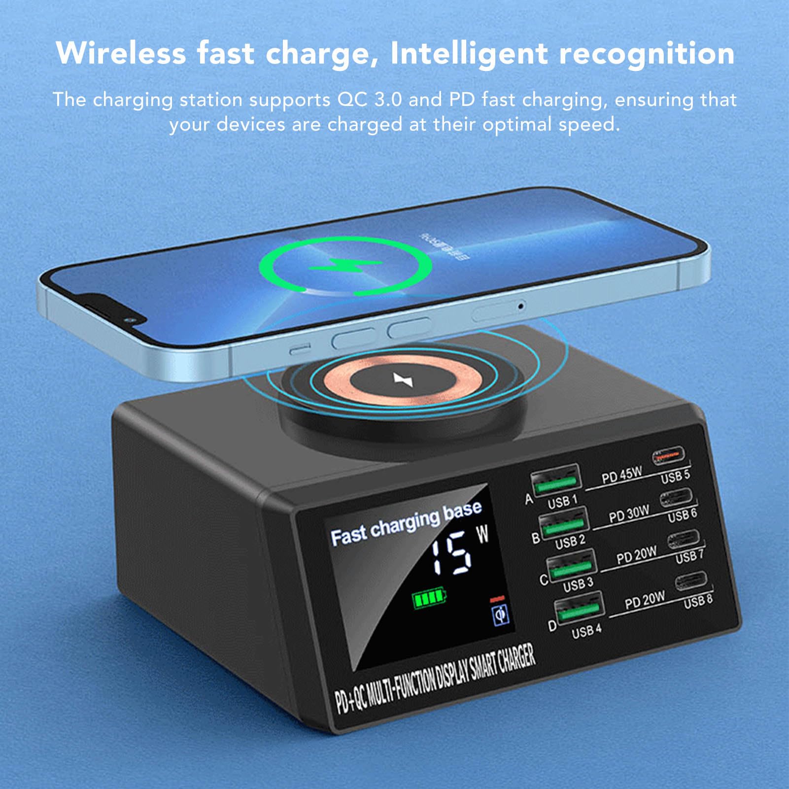 Station de Charge USB, Chargeur Multiport USB 110 W QC 3.0 et Charge Rapide PD avec écran LCD pour la Maison (Prise UE)