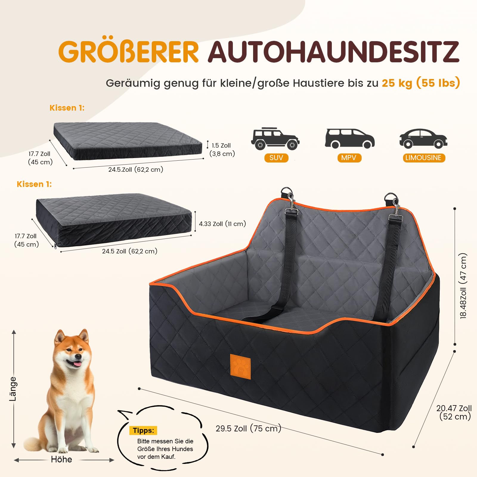 Hunde-Autositz für Hunde unter 25 kg oder 2 kleine Hunde, Sicherheits-Memory-Schaum-Autositz mit 2 Kissen und Sicherheitsleinen, großes Reisebett für den Rücksitz
