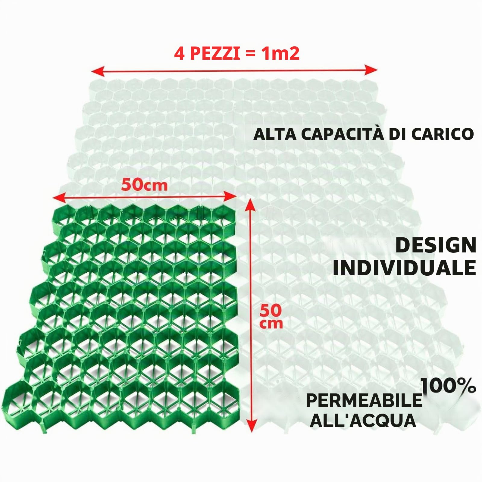 Floordirekt Griglia per prato in plastica, 1 m² – 4 pezzi – 50 x 50 cm, verde – griglia da pavimento, piastra paddock, a nido d'ape per prato