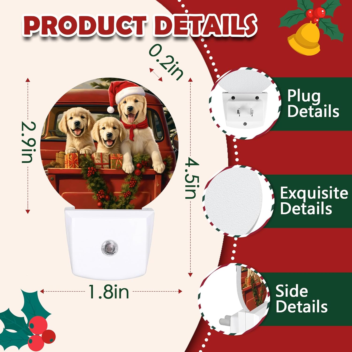 2 Pcs Plug in Night Light, Christmas Dogs Night Lights Plug Into Wall Warm Night Light Christmas Ornaments Dusk to Dawn Sensor LED Lights for Stairway Bedroom Kitchen Hallway Decorations