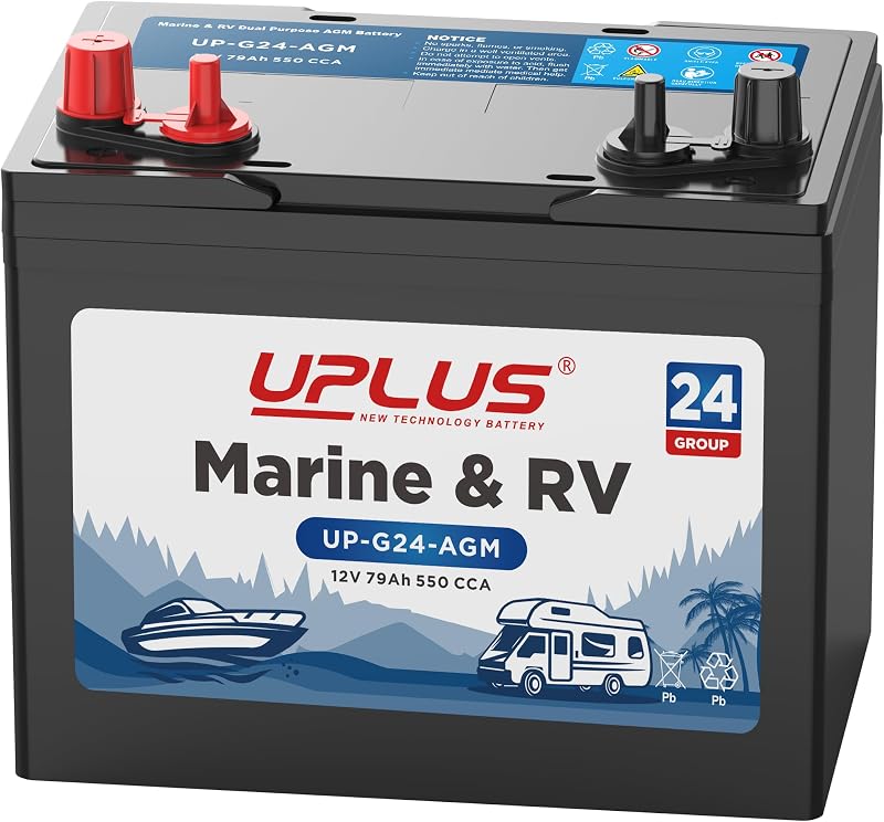UPLUS BCI Group 24M Batería marina AGM de doble propósito 12V 79AH 550CCA | Baterías de arranque y ciclo profundo para vehículos recreativos y embarcaciones, para dispositivos de navegación, luces y motores