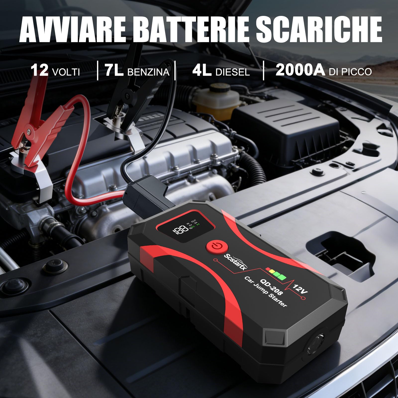 Avviatore per Batteria Auto 208, Batteria di Emergencia Portatile 2000A di Picco 12V per Motociclette e Auto fino a 7L Benzina & 4L Diesel, 3 Modalità Torcia e Morsetti di Sicurezza