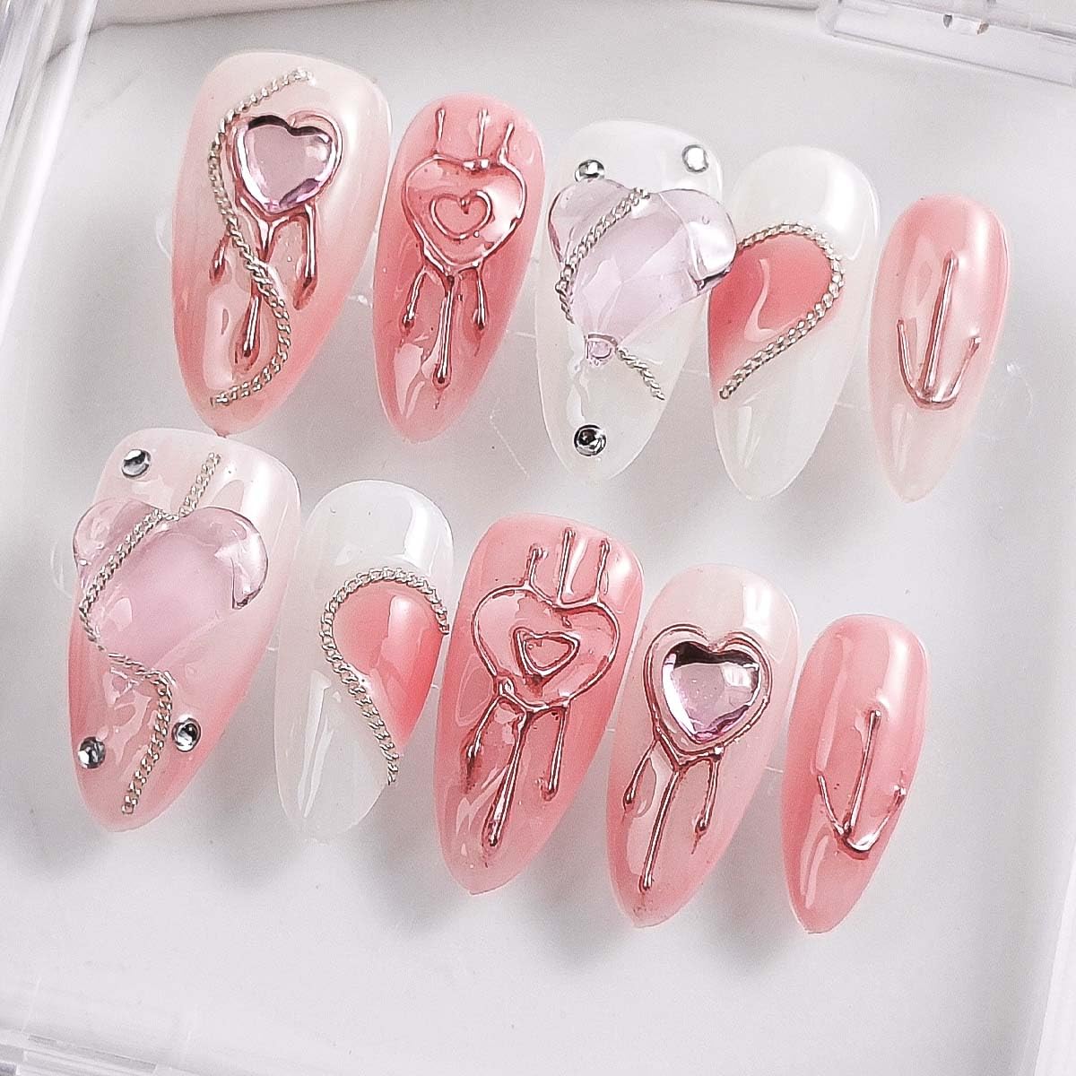 Photo 1 of 10Pcs Handmade Press On Nails Medium Almond Press On Nails Heart Rhinestone With 3D Metal Design Full Cover Acrylic False Nails Artificial Reusable Stick On Nail For Women (SIZE:Large)