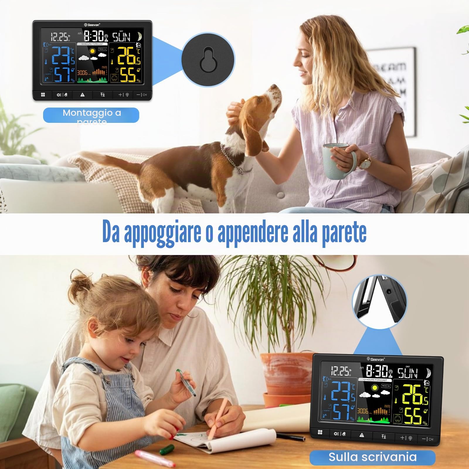 Geevon Stazione meteo radio con sensore esterno, orologio radio DCF, ampio angolo di lettura LCD a 350°, per interni ed esterni, umidità, barometrico, fase lunare, previsioni meteo (246304 con