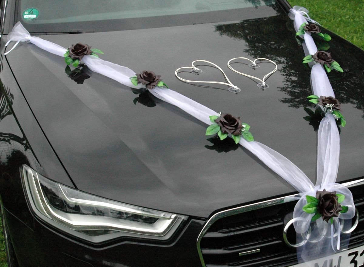 ORGANZA M + HERZEN Braut Paar Rose Deko Dekoration Autoschmuck Hochzeit Car Auto Wedding Deko Ratan Girlande ®Auto-schmuck PKW (Schwarz/Weiß/Weiß) - Image 4