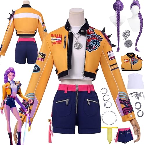bbganlian Anime KPop Demon Hunters Rumi Cosplay Kostüm Outfit Mira Rollenspiel Uniform Komplettes Set Halloween Party Karneval Dress Up Anzug mit Perücke Ring Ohrringe für Frauen - M
