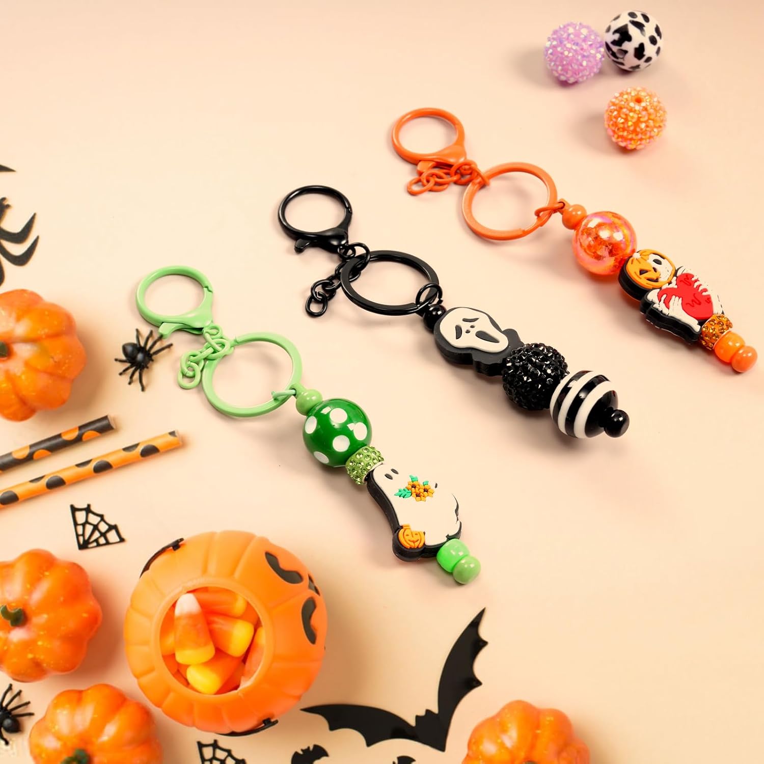 296 Pcs Halloween Beadable Keychains Bar Set DIY Multicolor Blank Beadable Keychains, Keychain Bars with Silicone Beads Spacer Beads Suitable for Bead Keychain Making for Halloween DIY Gift