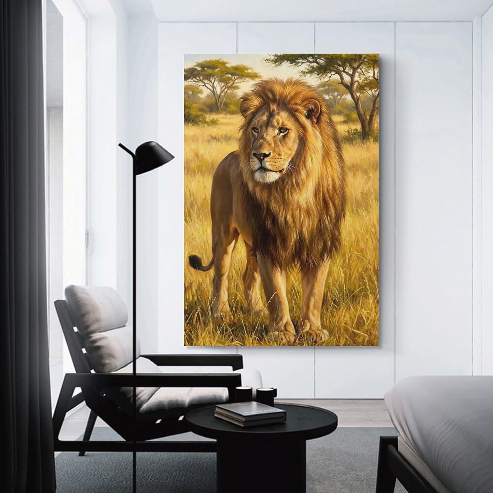 Majestic Lion in African Savannah Poster, Picture, Metal Print, Paint by Tesiga Canvas Art Print, 24x36inch(60x90cm), for Bedroom Decor, Cosy Corners Or Studios, A Warm Accent for Relaxed Interiors