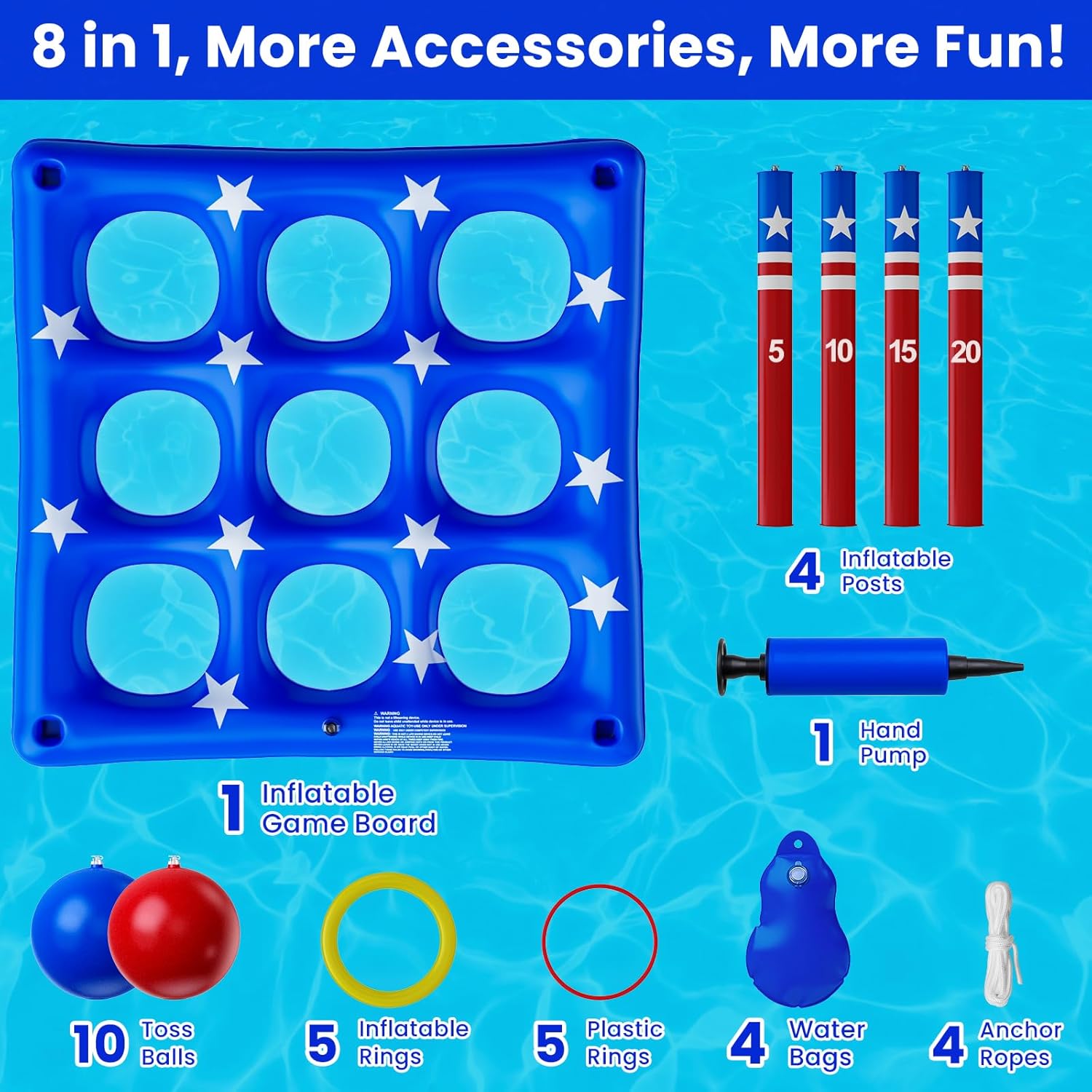 Pool Party Toys Games Set - Giant Inflatable Tic Tac Toe Float Game, Outdoor Pool Games for Adults Kids Family Pool Toys for 2-10 Players, Fun Swimming Beach Yard Activities with 10 Balls for Ages 6+