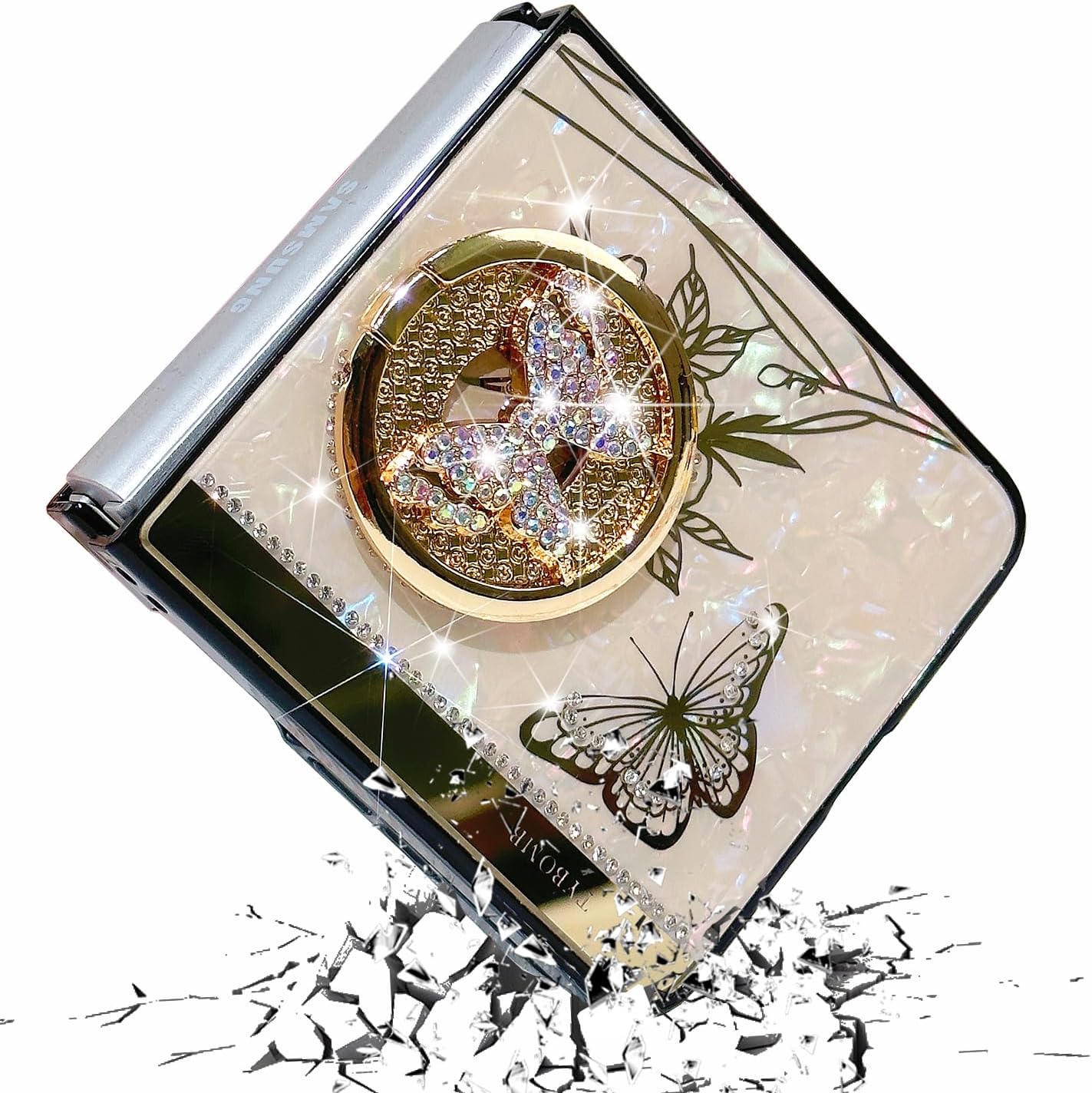 for Samsung Galaxy Z Flip 7 Case Cute Bling Diamond Butterfly Flower Design with Ring Kickstand,Glitter Girly Bead Pearl Phone Strap Phone Case for Samsung Flip 7 Rose Gold