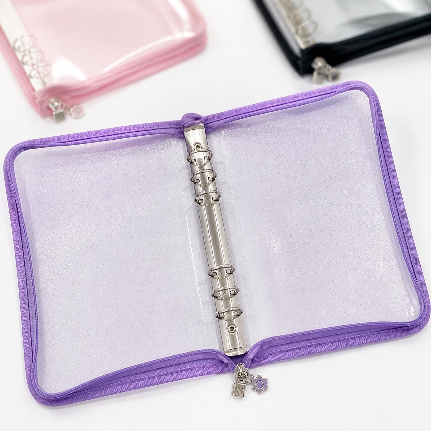 Clear Glitter A5 Binder With Zipper, Purple 6 Ring Planner Cover image 4
