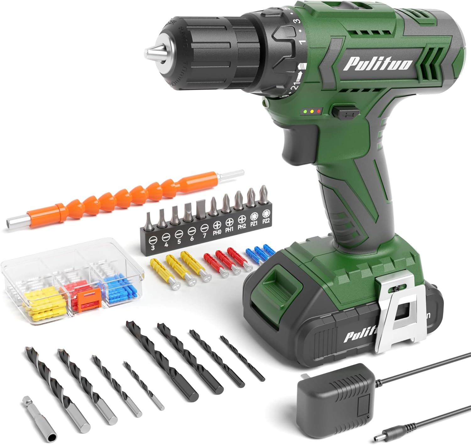 PULITUO Cordless Drill Set, 20-V-Elektro-Bohrer mit Batterie und Ladeger&auml;t, 30 Nm und 211 Drehmoment, 2 variable Geschwindigkeiten, mit 59-teiligem Drill Driver Bits Kit, Schrauben Set, Dunkelgr&uuml;n