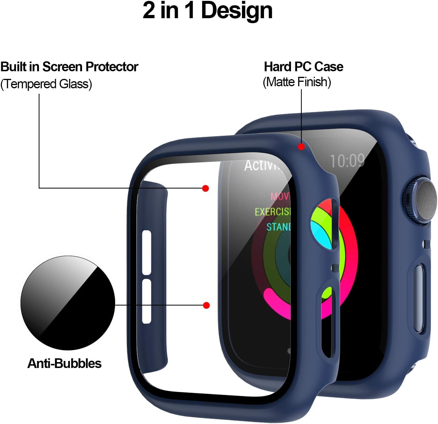 2 Pack Hard PC Case Compatible with Apple Watch Series 3/2/1 42mm, Case with Tempered Glass Screen Protector Overall Bubble-Free Cover for iWatch Accessories, Black+Blue