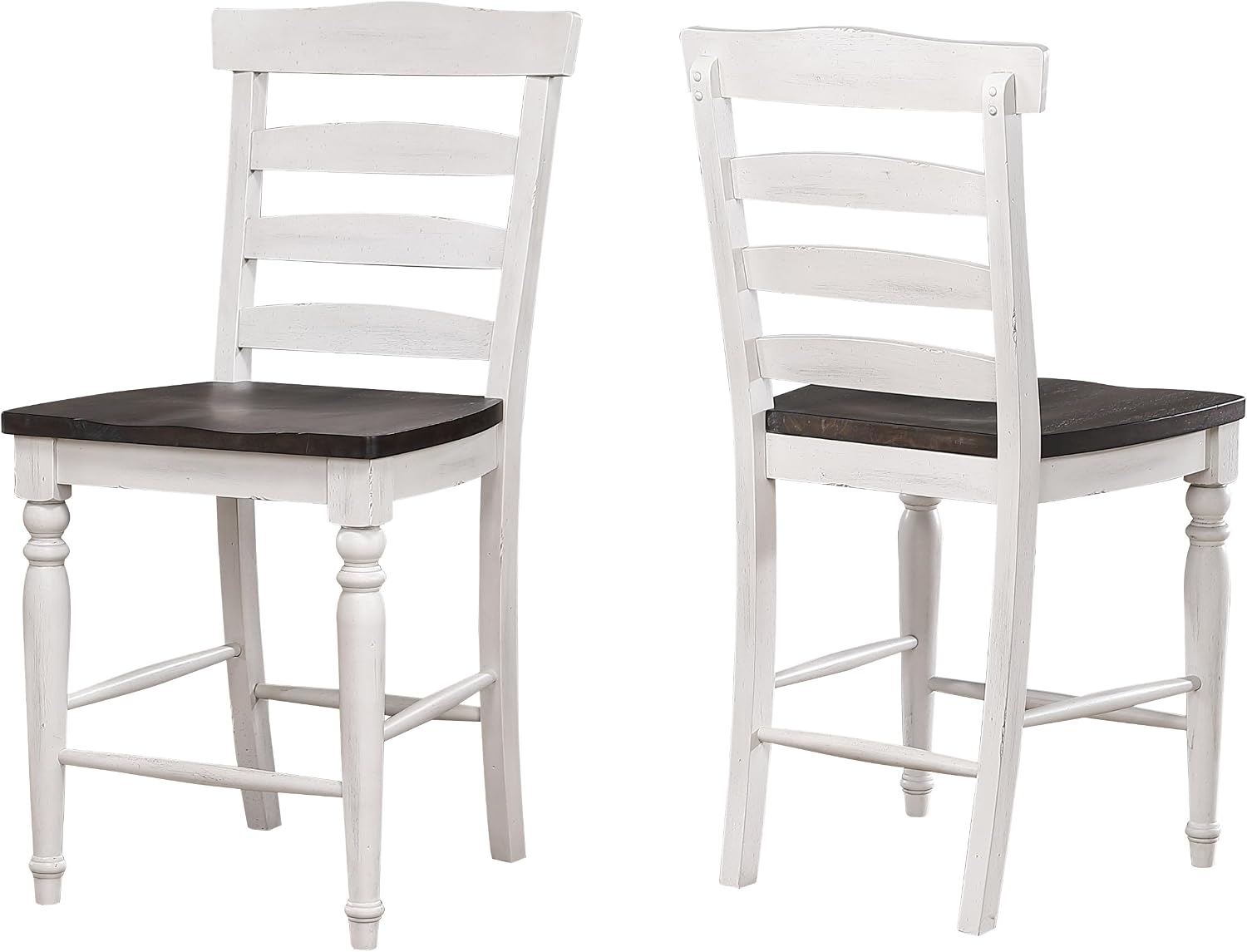 Sunset Trading French Chic Ladder Back Barstools | Set of 2 Highback Kitchen Island Stools | Two-Tone Antique White & Walnut Brown Solid Wood | Dining and Game Room Seating
