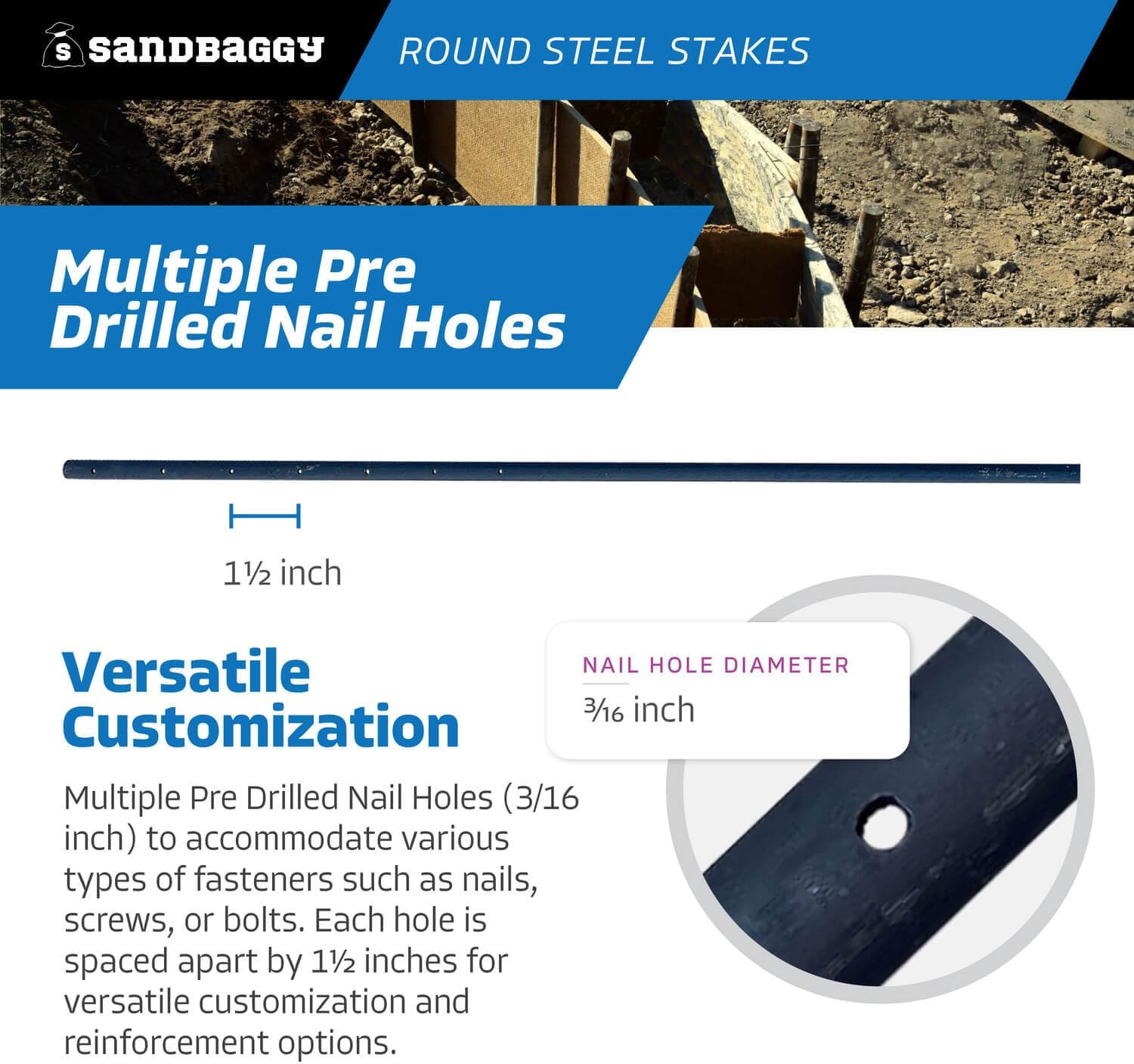 Sandbaggy 48" Round Steel Concrete Form Stakes with Nail Holes - Rust Resistant Coating - Removable, Reusable (5, 3/4 in X 48 in)