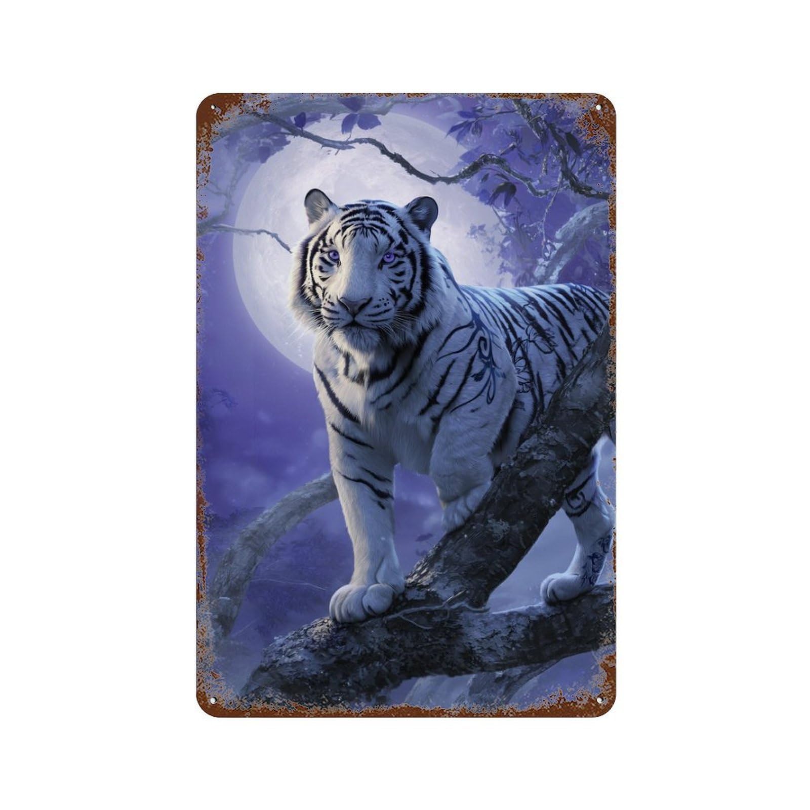 White Tiger Moonlit Forest -5 Rust Effect Tin Sign 11.8"x7.9", Vintage Wall Decor for Pub, Kitchen And Man Cave Decor