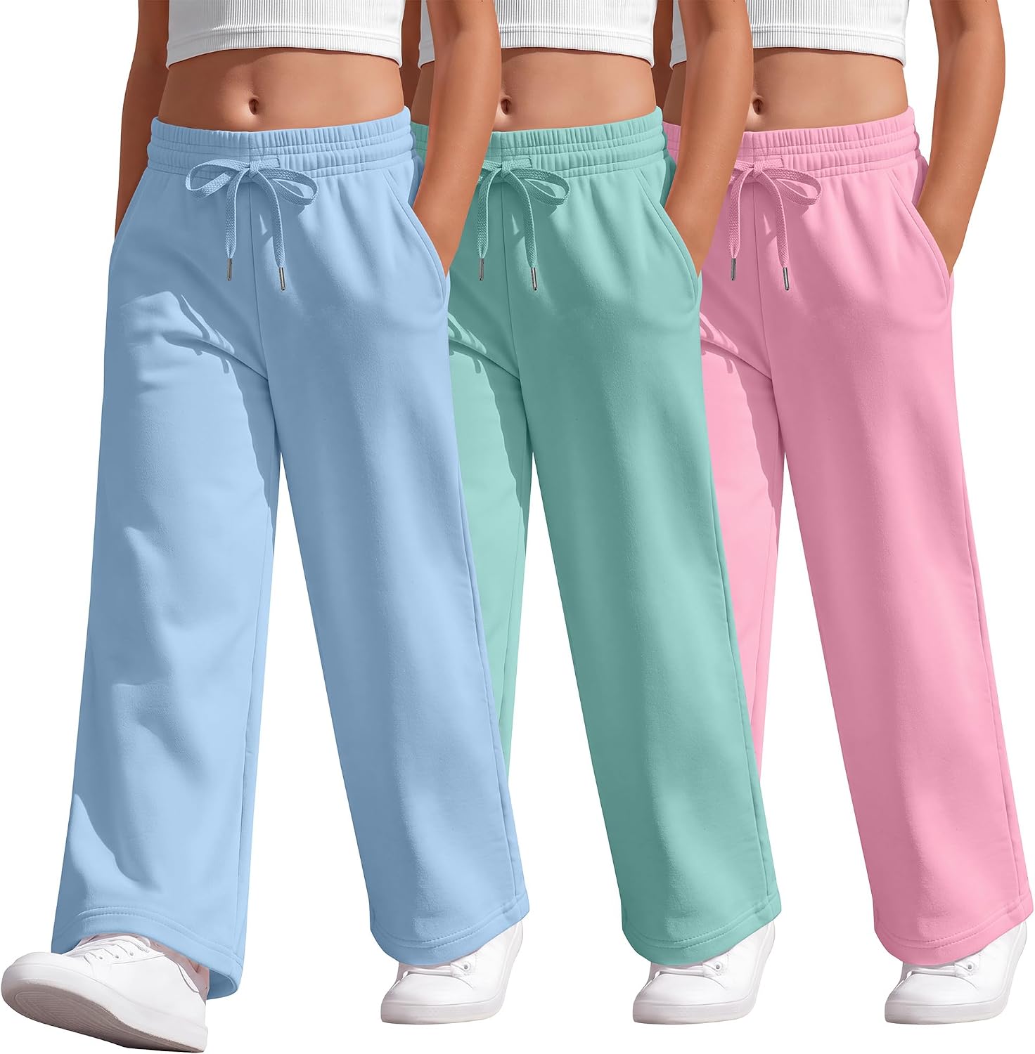 Yooo's Vivi 3 Pack Girls' Pants Wide Leg Baggy Casual Trousers Kids Open Bottom Sweatpants with Pockets 5-14 Years