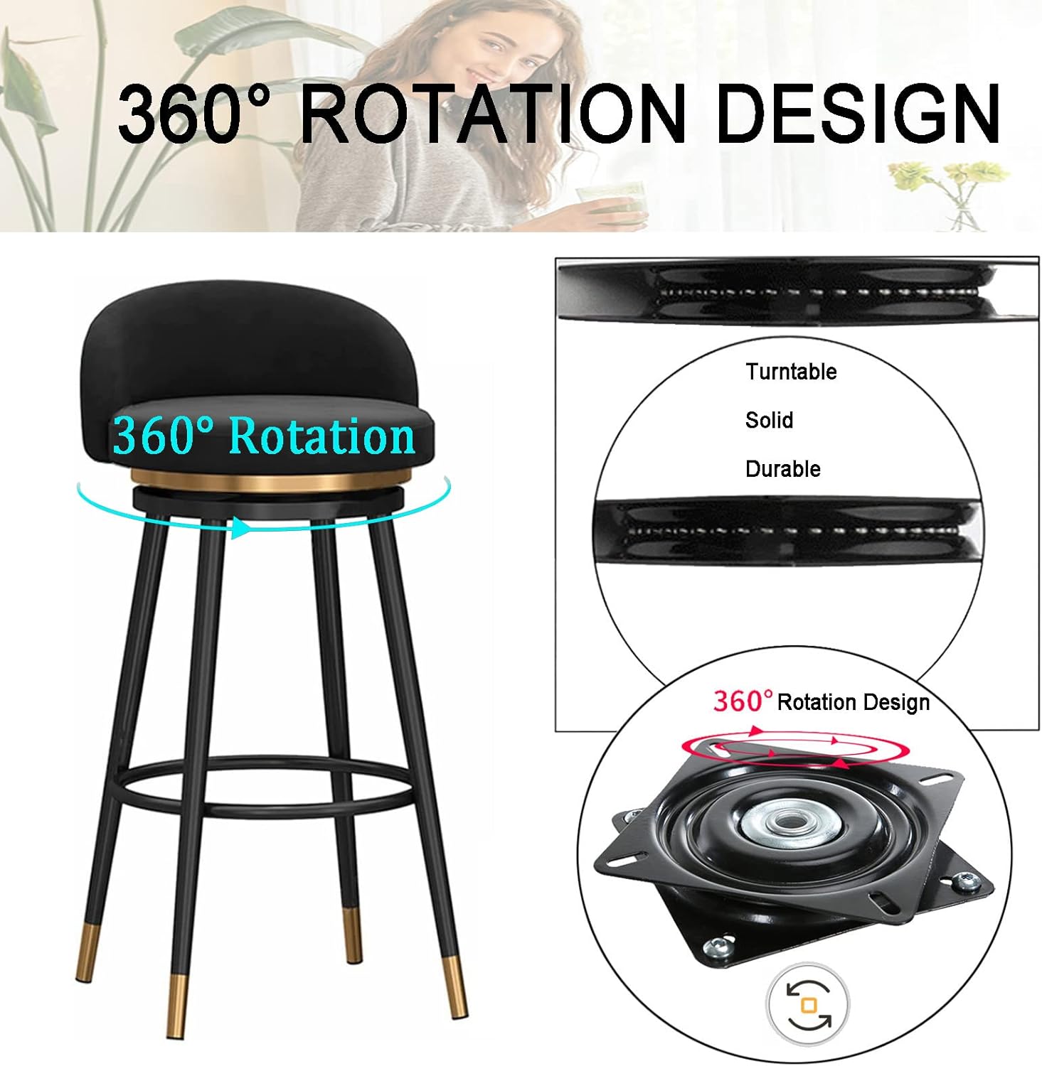 AZMANI Swivel Bar Stools Set of 2 Counter Height with Back, Farmhouse Kitchen Breakfast Bar Stools, 360° Swivel, Velvet Upholstered Seat, Gold Metal Legs,Black,65cm(25.59in)
