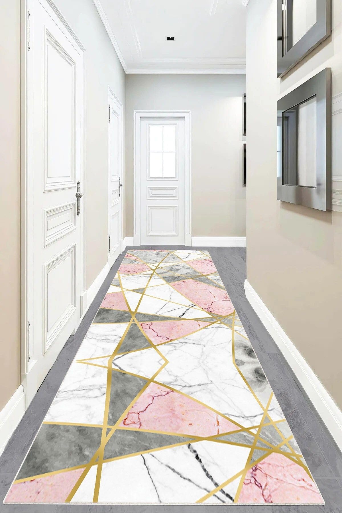 Pelangi Mermer Desenli Gold Şeritli Dijital Baskı Yıkanabilir Kaymaz Taban Kilim Model Salon Halısı, Gri 80 x 400, 95554260804007